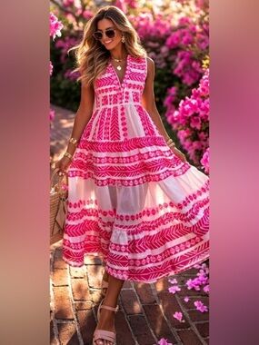 cezelle White & Hot Pink Printed Sleeveless Maxi Dress